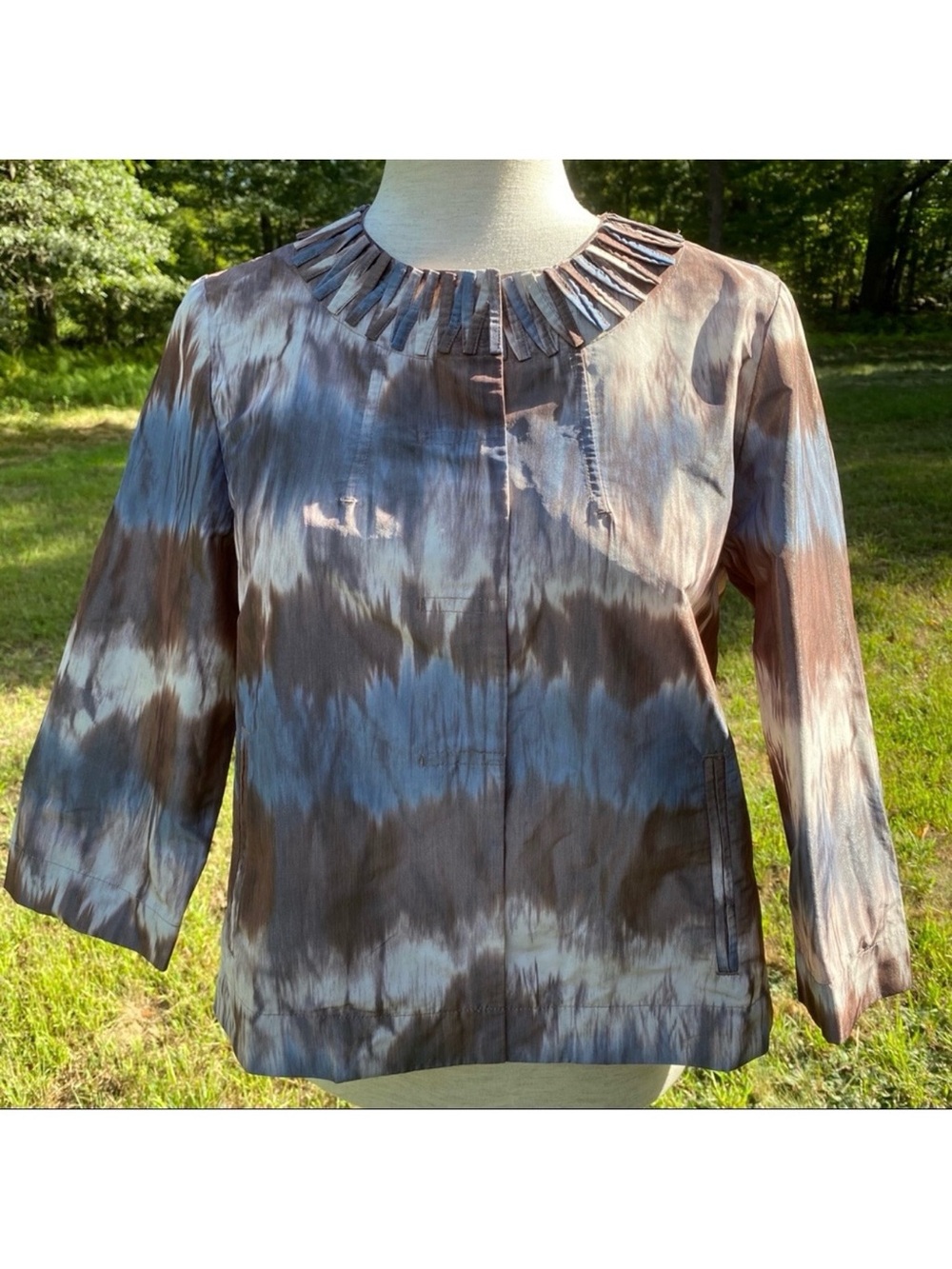 CHICO’S NEW JACKET DARYA 3/4 SLEEVE PATTERN BLUE TIE DYE COAT WHITE TAN SIZE 0 S